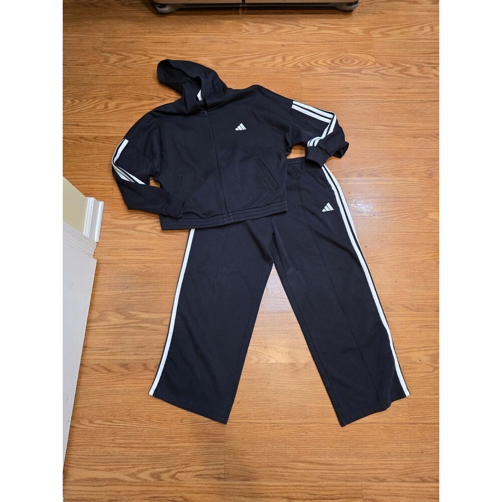 Adidas 2 Piece Women's Wide Leg Jogging/Track Set Black/White Size XL